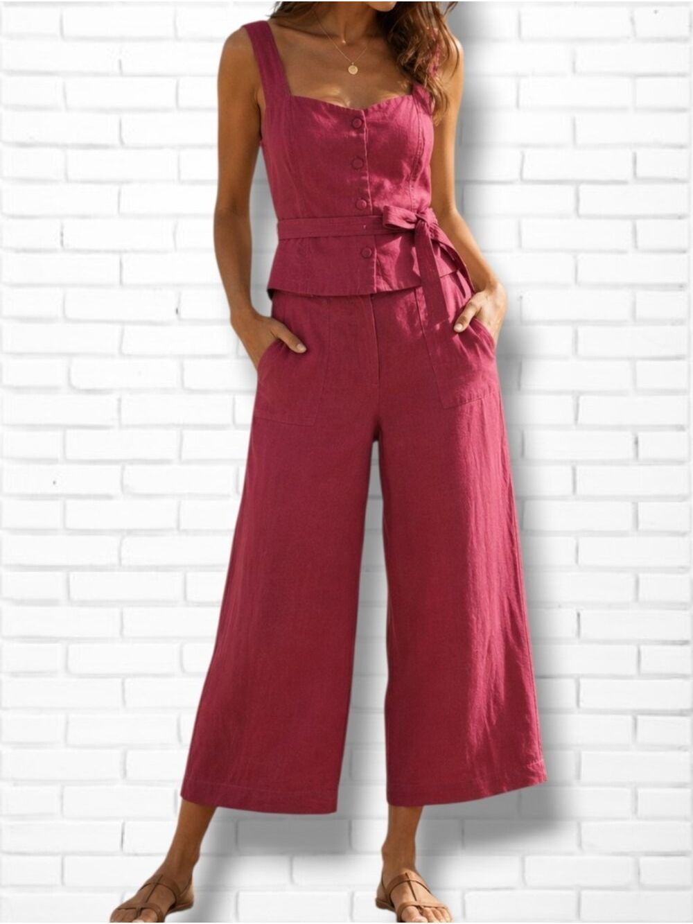Marfinno Raspberry Colour Wide Leg High Rise Linen Blend Pants Size 46